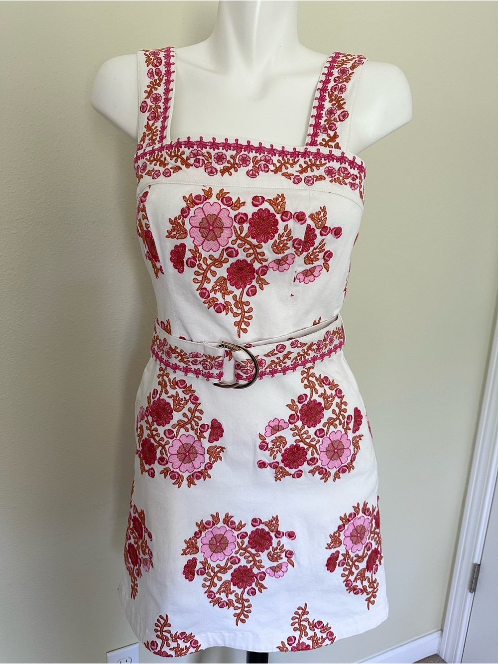 Avec Les Filles White Mini Dress with Pink & Red Floral Embroidery